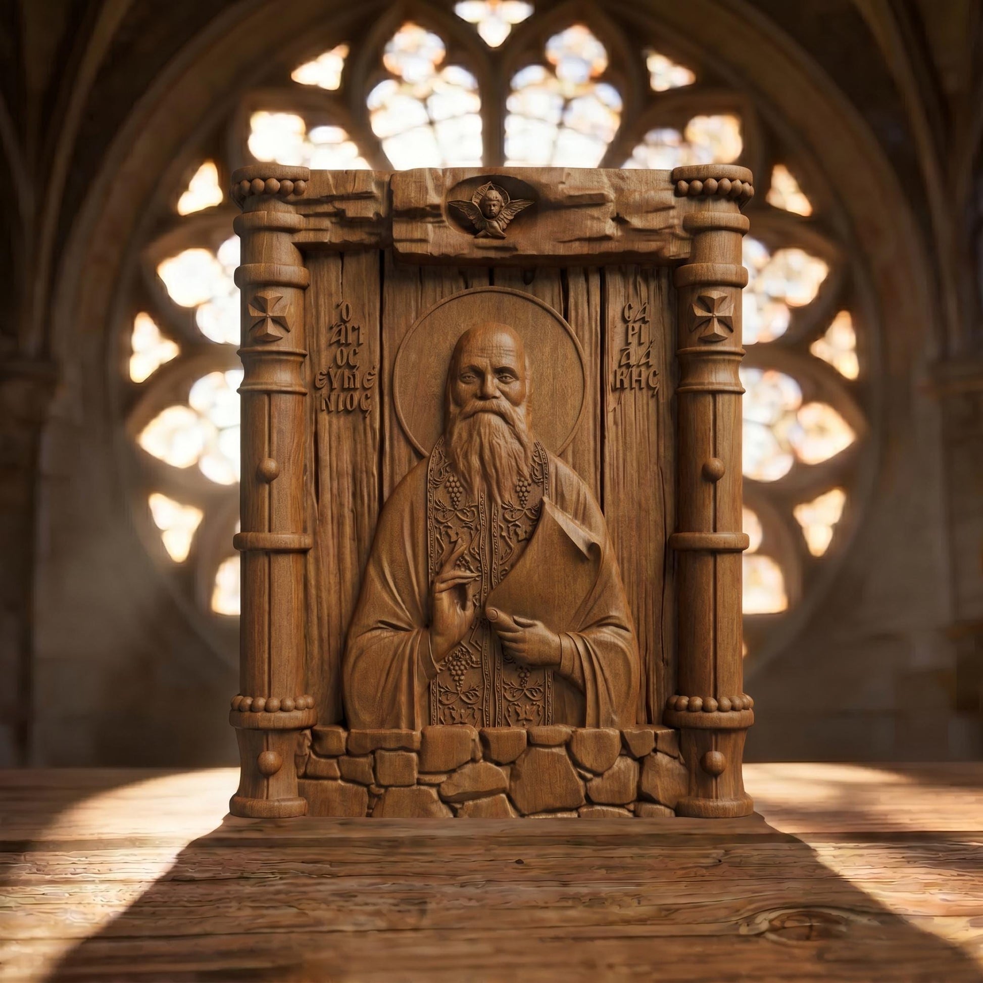 Saint Eumenios Saridakis Wooden Carved Handmade Christian Icon Front Side Brown Oak Cretan Holy Carvings