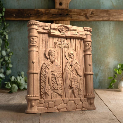 Saints Cyprian and Justina Wooden Carved Handmade Christian Icon. Byzantine Greek Orthodox Home Decor.