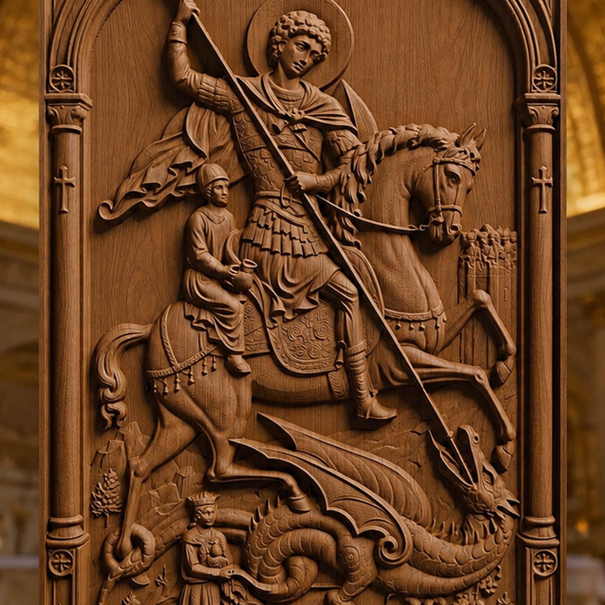 Saint George Kills the Dragon Wooden Carved Handmade Christian Icon Patron Saint of Military Brown Oak Cretan Holy Carvings