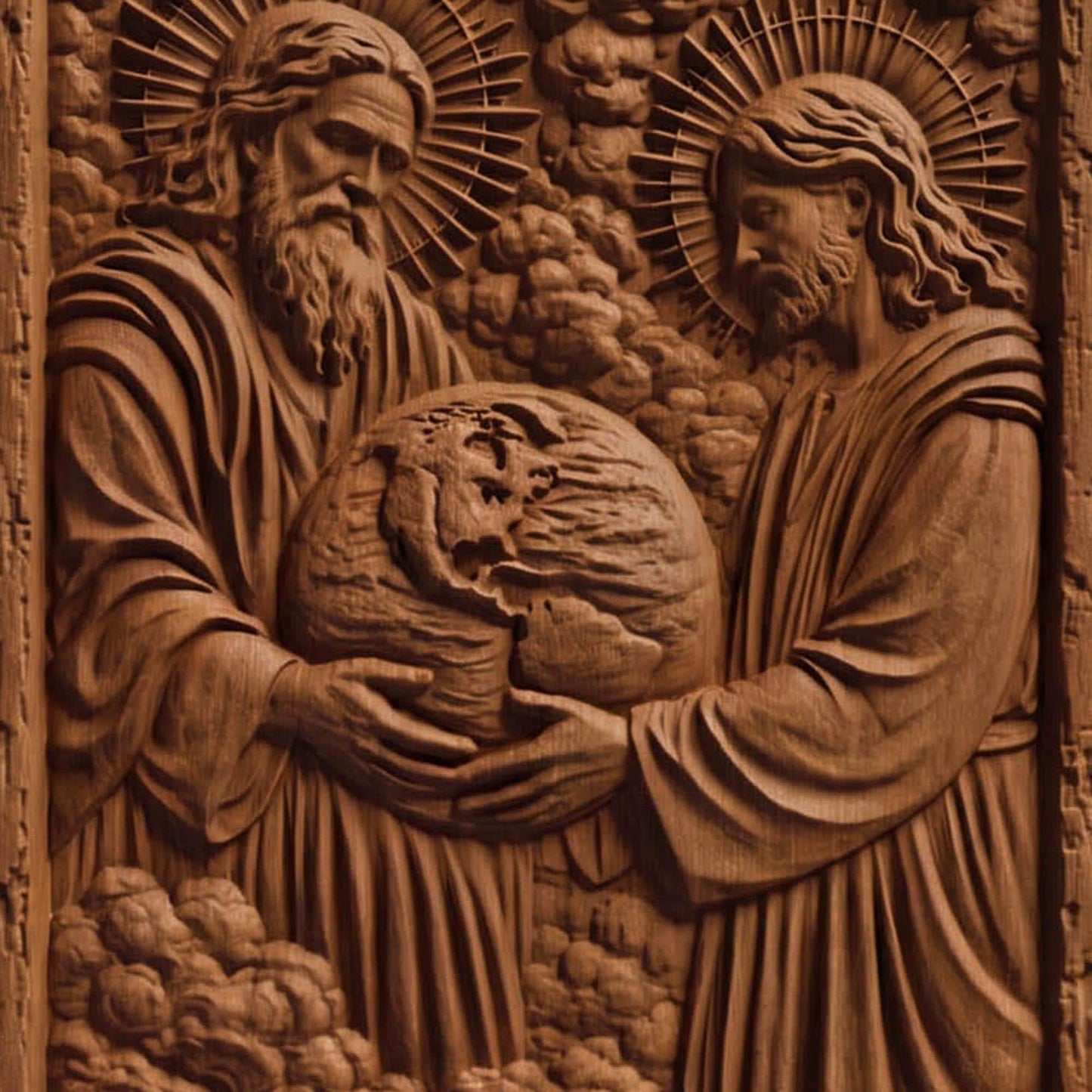 God Creating Earth Wooden Carved Handmade Christian Icon  Byzantine Greek Orthodox Home Decor Cretan Holy Carvings