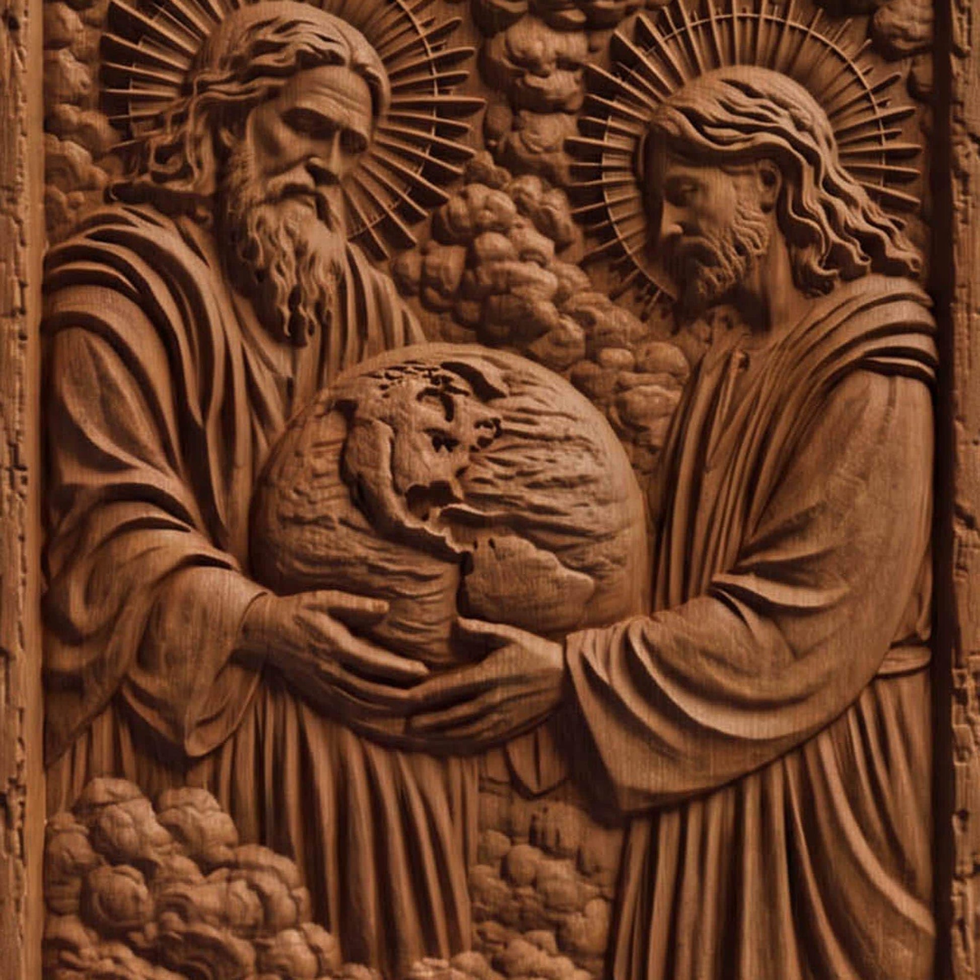 God Creating Earth Wooden Carved Handmade Christian Icon  Byzantine Greek Orthodox Home Decor Cretan Holy Carvings