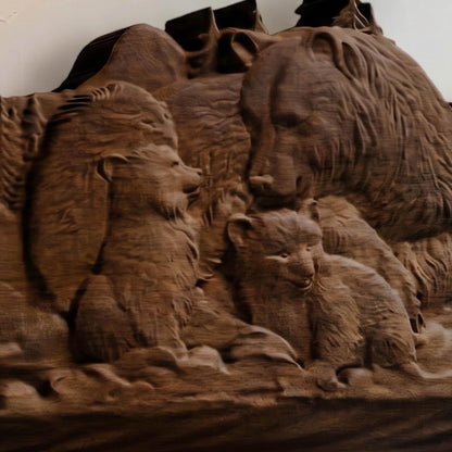 Bear Family Framed Bas Relief | Wooden Bear Carving | Sculptural Gift Idea