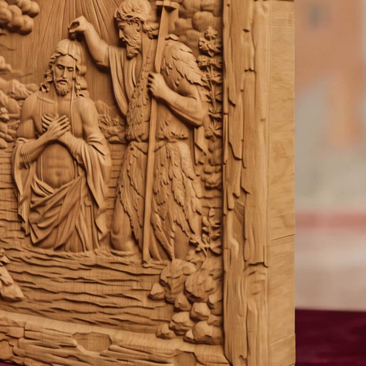 The Baptism of Jesus Christ Wooden Carved Handmade Christian Icon  Byzantine Greek Orthodox Home Decor Cretan Holy Carvings