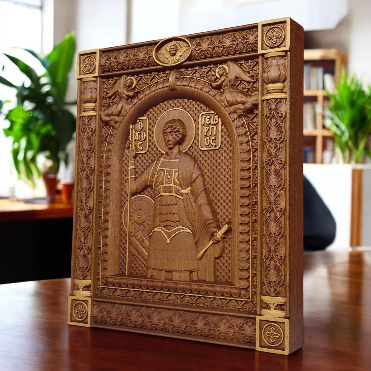 Saint George Wooden Carved Handmade Christian Icon. Byzantine Greek Orthodox Home Art Decor.