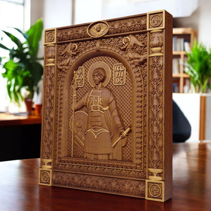 Saint George Wooden Carved Handmade Christian Icon. Byzantine Greek Orthodox Home Art Decor.