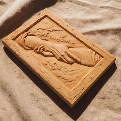 God Helps Wooden Carved Handmade Christian Icon  Byzantine Greek Orthodox Home Decor Cretan Holy Carvings