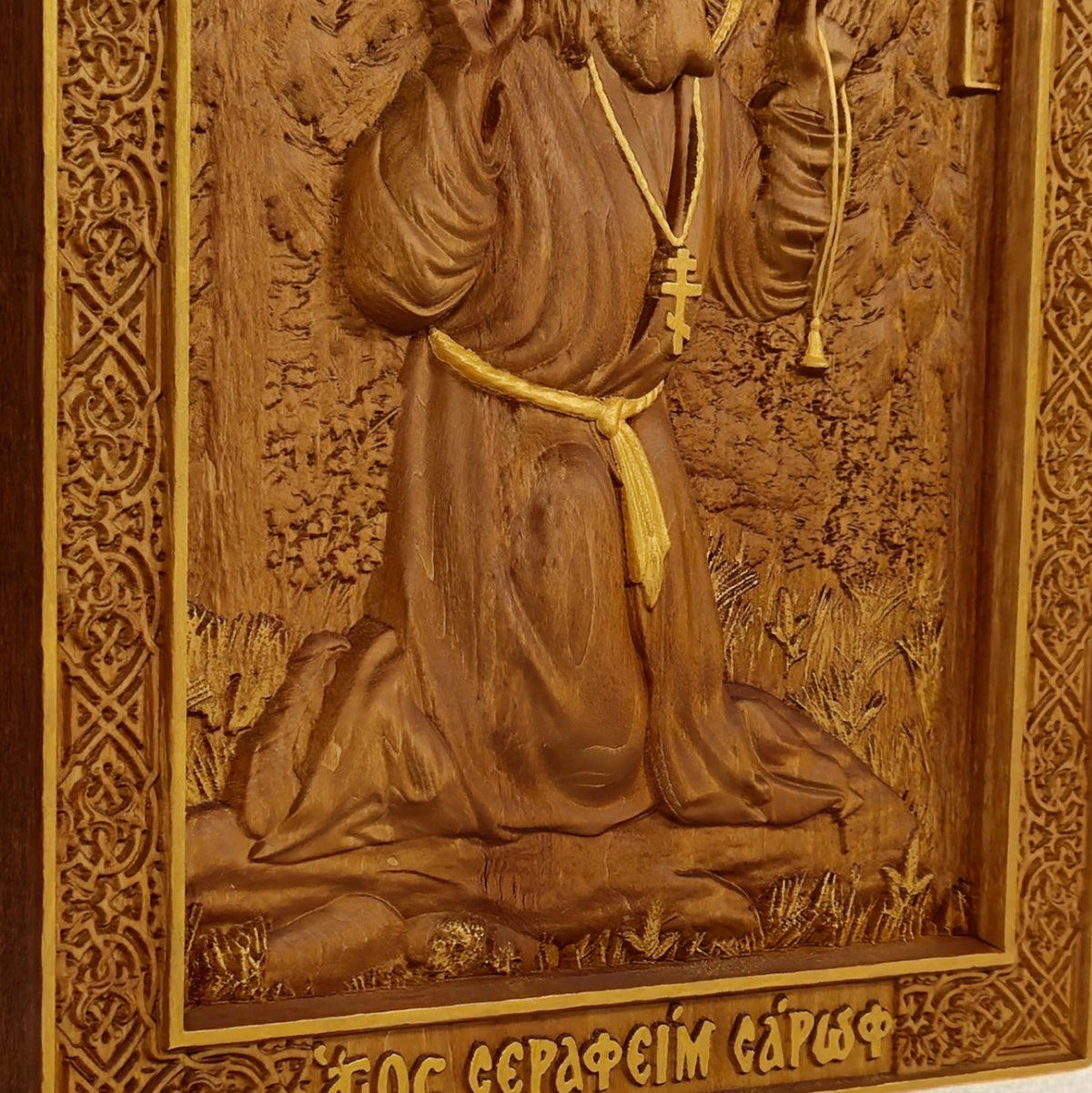 Saint Seraphim of Sarov Wooden Carved Handmade Christian Icon. Byzantine Greek Orthodox Home Decor.