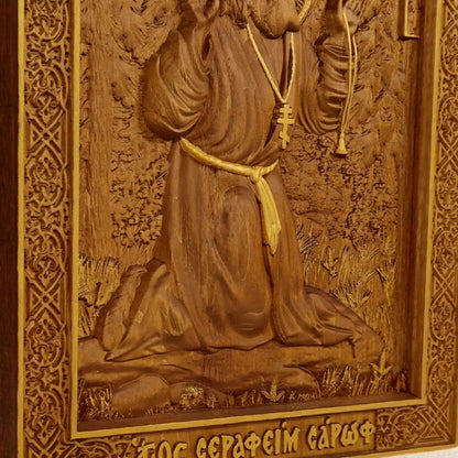 Saint Seraphim of Sarov Wooden Carved Handmade Christian Icon. Byzantine Greek Orthodox Home Decor.