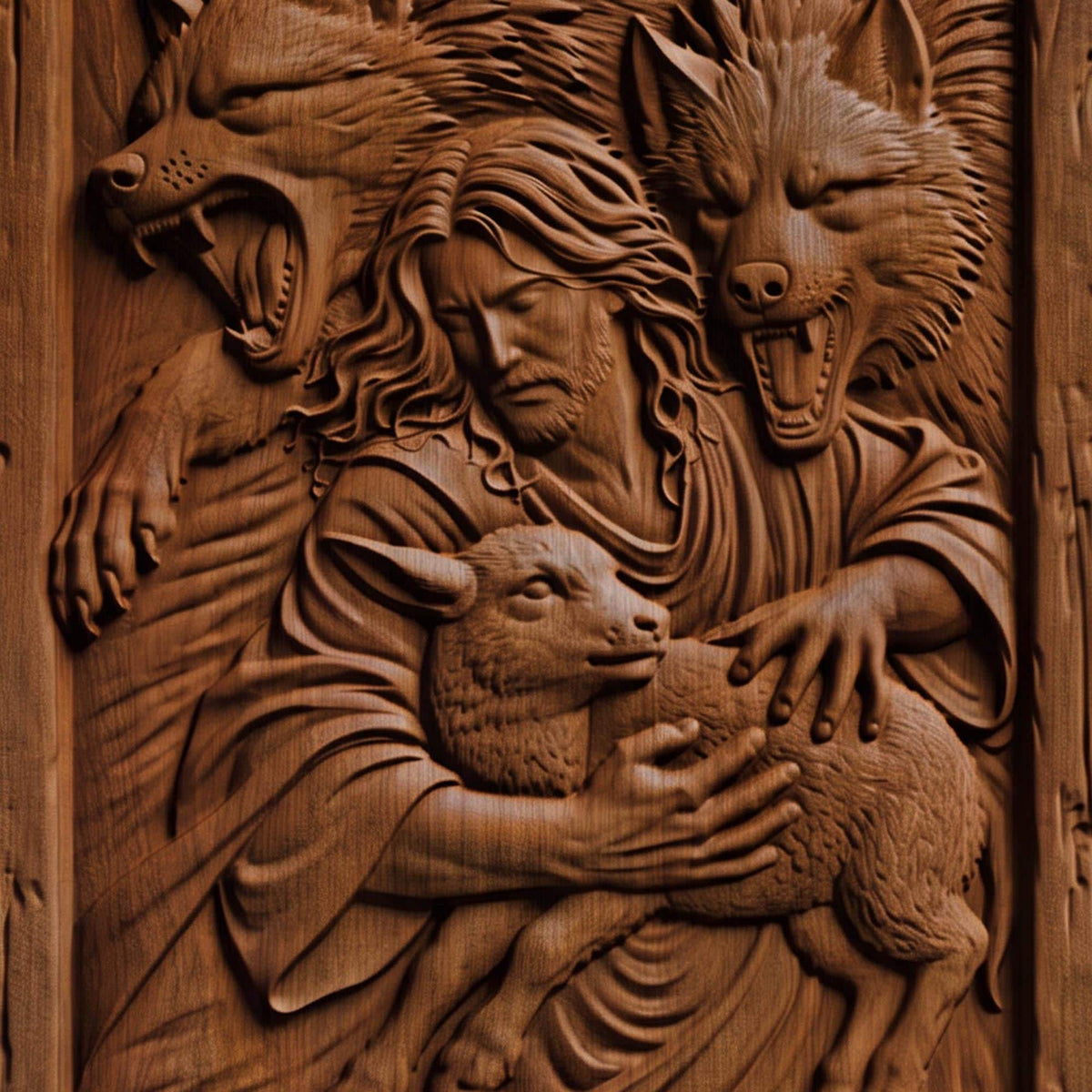 Jesus Christ Saves from the Wolves Wooden Carved Handmade Christian Icon  Byzantine Greek Orthodox Home Art Decor Cretan Holy Carvings