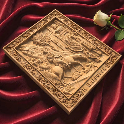Jesus Christ Triumphal Entry  Wooden Carved Handmade Christian Icon FlatSide Natural Wood Color Cretan Holy Carvings