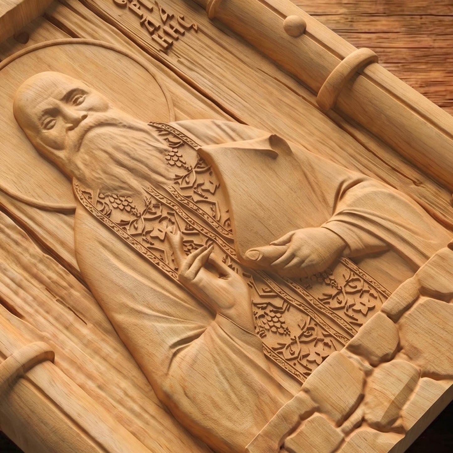 Saint Eumenios Saridakis Wooden Carved Handmade Christian Icon Flat Side Natural Wood Color Cretan Holy Carvings