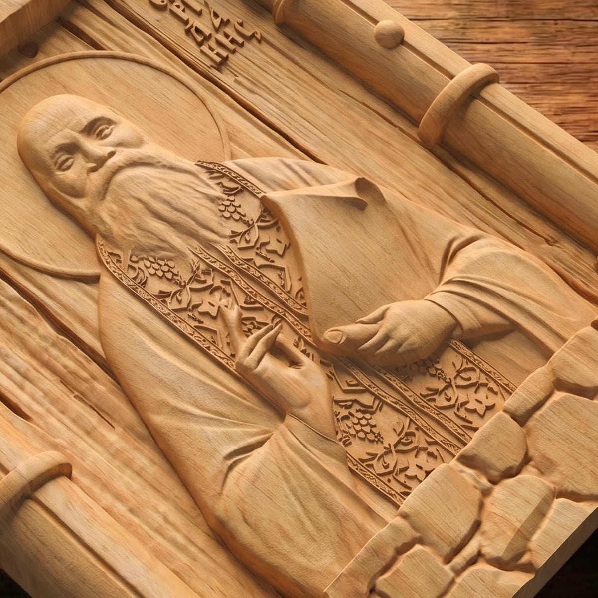 Saint Eumenios Saridakis Wooden Carved Handmade Christian Icon Flat Side Natural Wood Color Cretan Holy Carvings