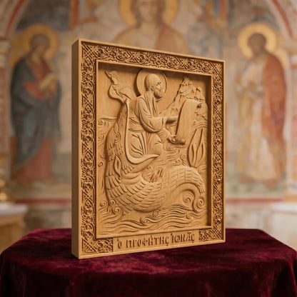 Prophet Jonah Wooden Carved Handmade Christian Icon. Byzantine Greek Orthodox Home Decor.