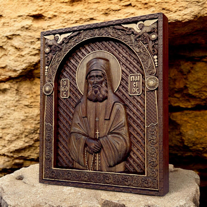 Saint Paisios of Mount Athos Wooden Carved Handmade Christian Icon. Byzantine Greek Home Decor.