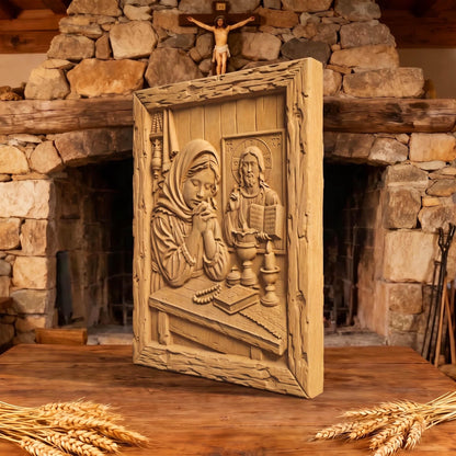 Young Girl Praying Wooden Carved Handmade Christian Icon  Byzantine Greek Orthodox Home Decor Cretan Holy Carvings