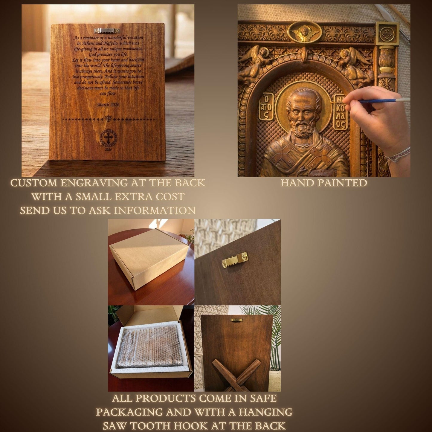 The image is a collage of three photos depicting the process of creating a wooden engraving, including a hand-painted portrait, a custom engraving, and a hand-painted portrait.