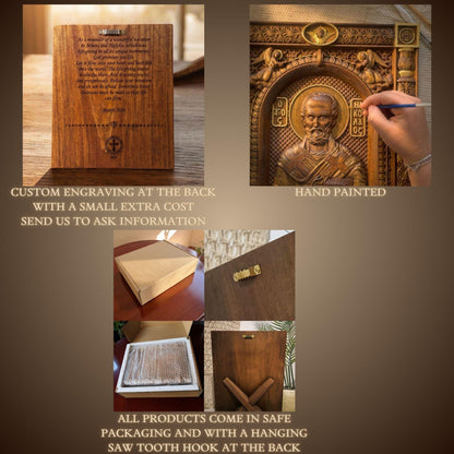The image is a collage of three photos depicting the process of creating a wooden engraving, including a hand-painted portrait, a custom engraving, and a hand-painted portrait.