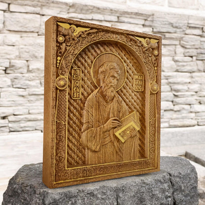 Matthew the Evangelist Wooden Carved Handmade Christian Icon. Byzantine Greek Orthodox Home Art Decor.