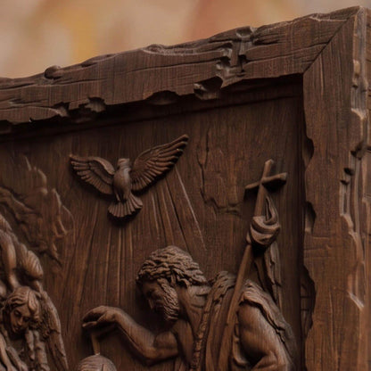 Saint John and the Baptism of Jesus Christ Wooden Carved Handmade Christian Icon  Byzantine Greek Orthodox Home Decor Cretan Holy Carvings