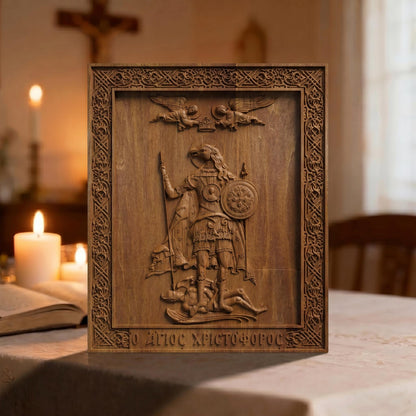 Saint Christopher the Dog Head Wooden Carved Handmade Christian Icon. Byzantine Greek Orthodox Home Decor.