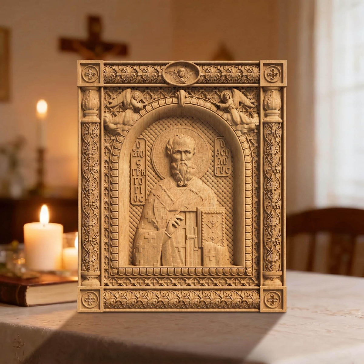 Saint Gregory the Theologian  Patron Saint of Students and Teachers Front Side Natural Wood Color Cretan Holy Carvings