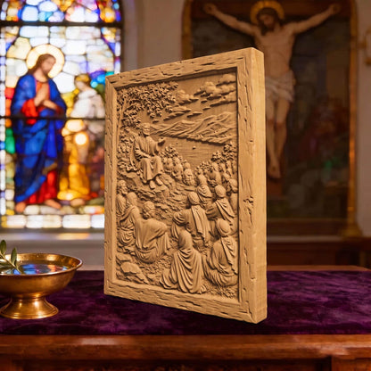 Jesus Christ Teaching the Crowds Wooden Carved Handmade Christian Icon  Byzantine Greek Orthodox Home Decor Cretan Holy Carvings
