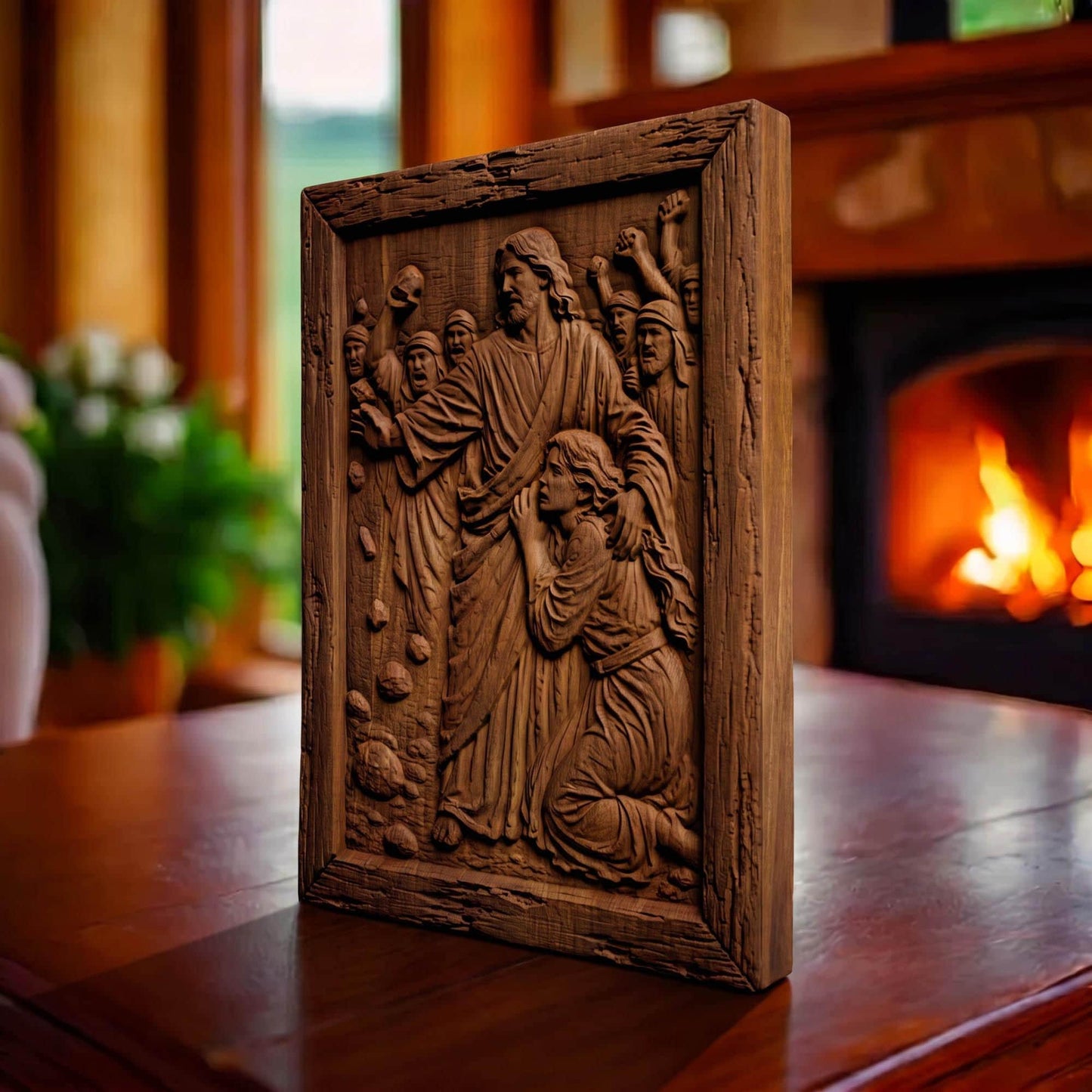Jesus Christ Protects the Sinful Woman Wooden Carved Handmade Christian Icon  Byzantine Greek Orthodox Home Art Decor Cretan Holy Carvings