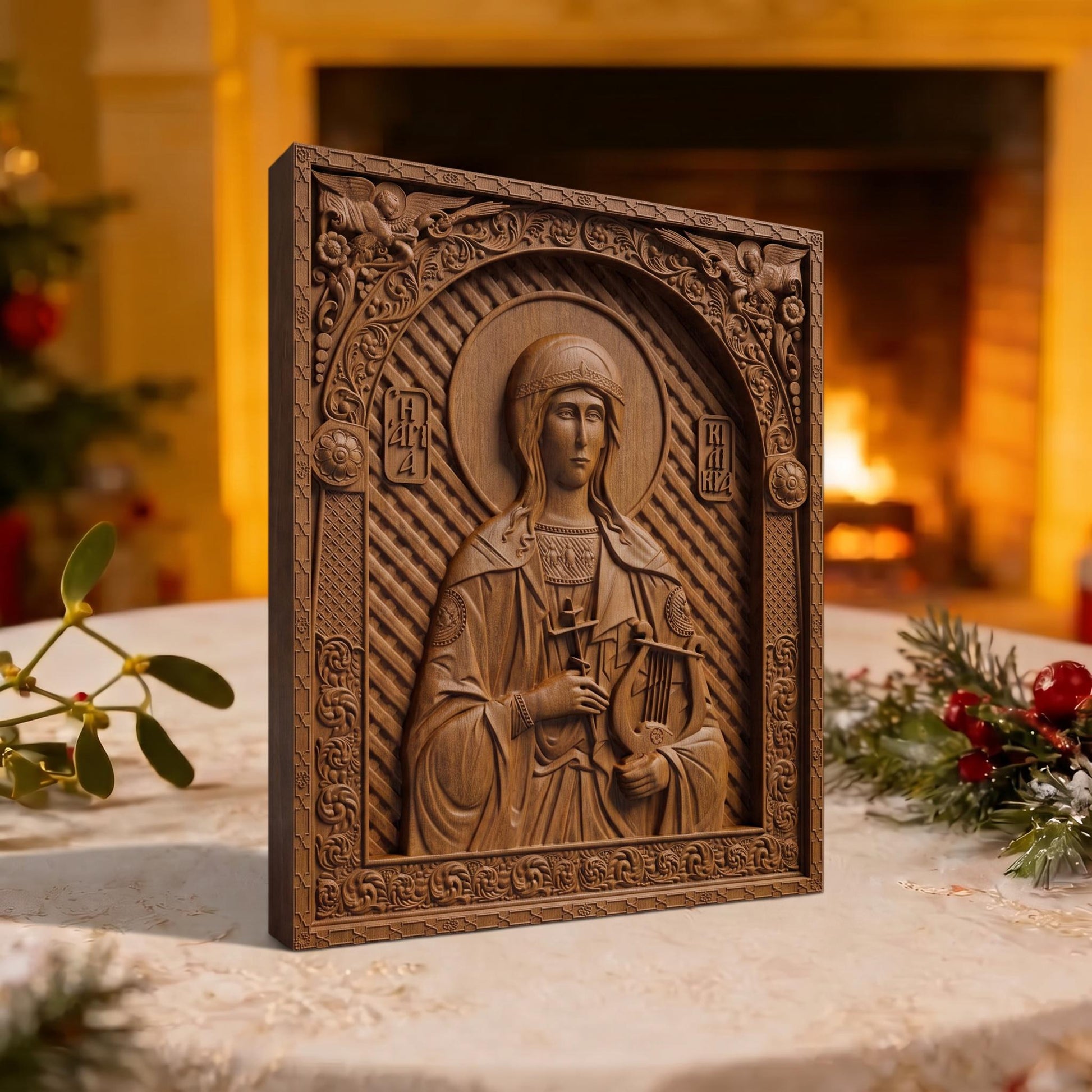 Saint Cecilia Patron Saint of Musicians Wooden Carved Handmade Christian Icon | Byzantine Greek Orthodox Home Art Decor