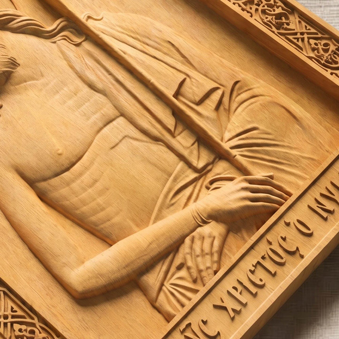 Jesus Christ Bridegroom Wooden Carved Handmade Christian Icon Flat Side Natural Wood Color Cretan Holy Carvings