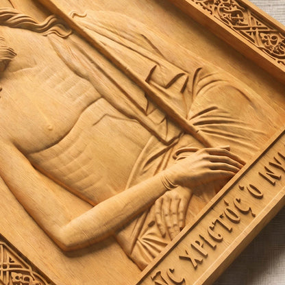 Jesus Christ Bridegroom Wooden Carved Handmade Christian Icon Flat Side Natural Wood Color Cretan Holy Carvings