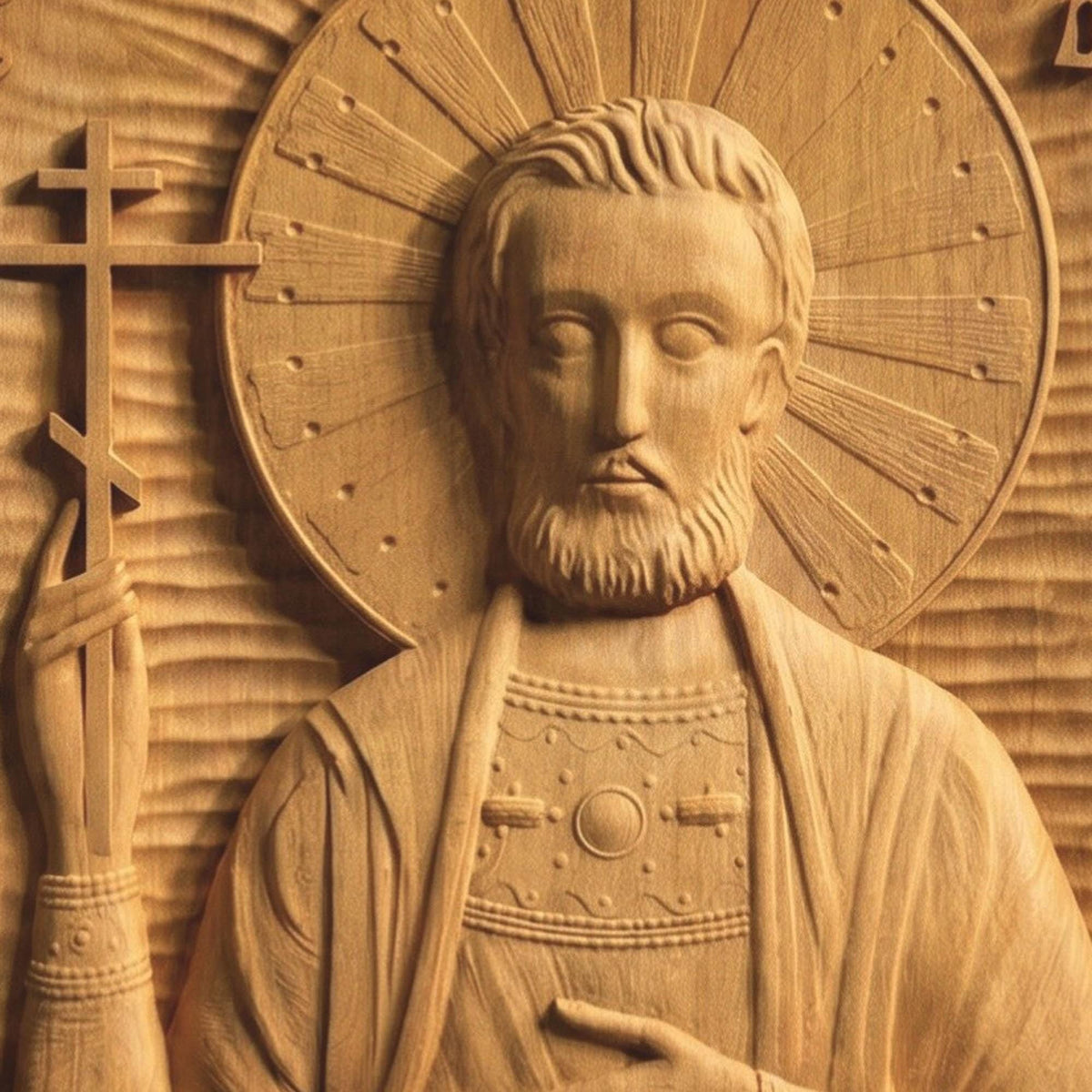 Saint Leonidas Wooden Carved Handmade Christian Icon Front Side Natural Wood Color Cretan Holy Carvings
