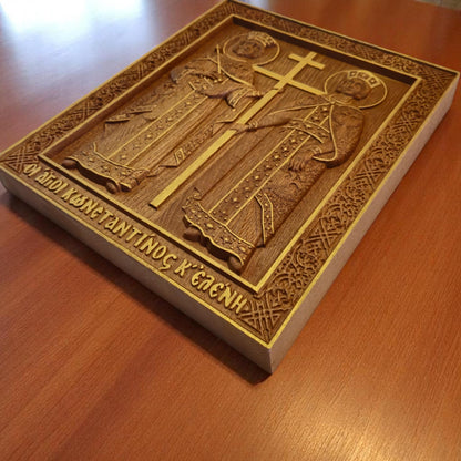 Saints Constantine and Helena Wooden Carved Handmade Christian Icon. Byzantine Greek Orthodox Home Decor.