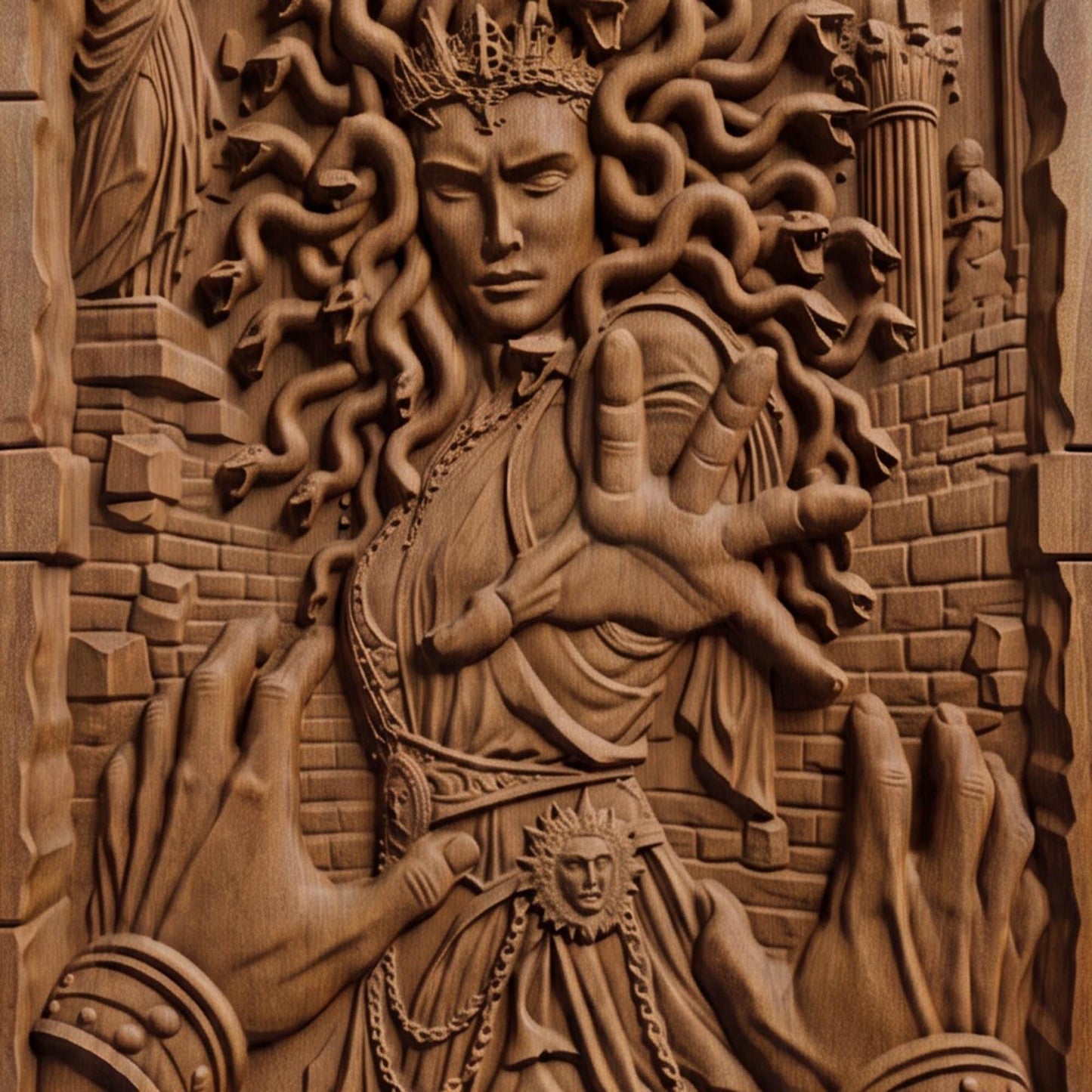 Medusa's Curse from Ancient Greek Mythology 3D Wooden Bas Relief Panel Art Sculptural Gift Idea Cretan Holy Carvings