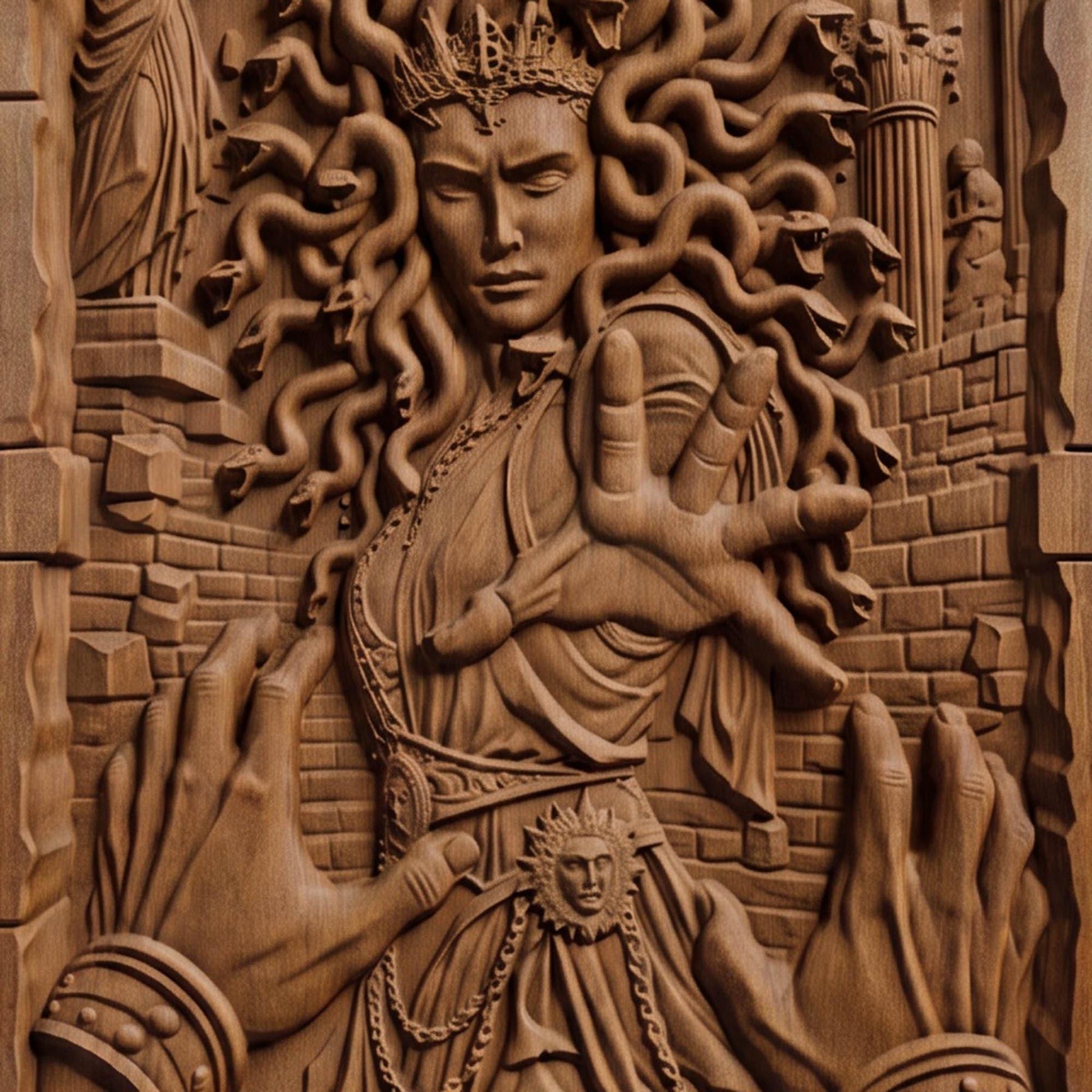 Medusa's Curse from Ancient Greek Mythology 3D Wooden Bas Relief Panel Art Sculptural Gift Idea Cretan Holy Carvings