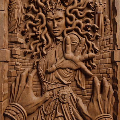 Medusa's Curse from Ancient Greek Mythology 3D Wooden Bas Relief Panel Art Sculptural Gift Idea Cretan Holy Carvings