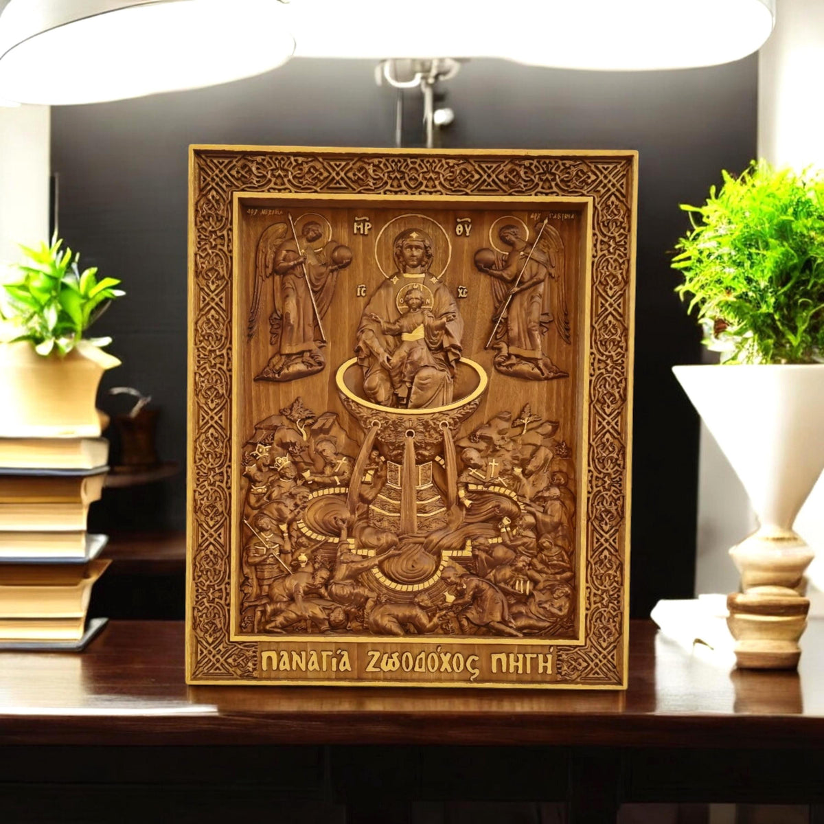 Mother of God Life-giving Spring Wooden Carved Handmade Christian Icon. Byzantine Greek Orthodox Decor.