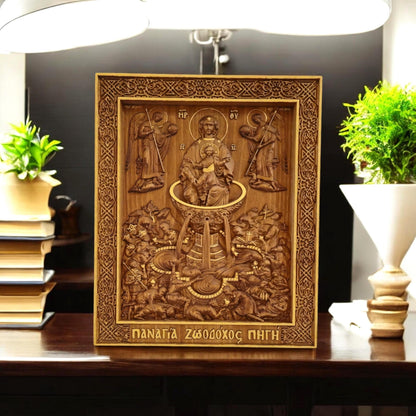Mother of God Life-giving Spring Wooden Carved Handmade Christian Icon. Byzantine Greek Orthodox Decor.
