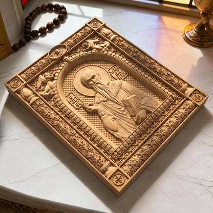 Saint Charalambos Wooden Carved Handmade Christian Icon | Byzantine Greek Orthodox Home Art Decor