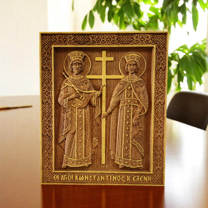 Saints Constantine and Helena Wooden Carved Handmade Christian Icon. Byzantine Greek Orthodox Home Decor.