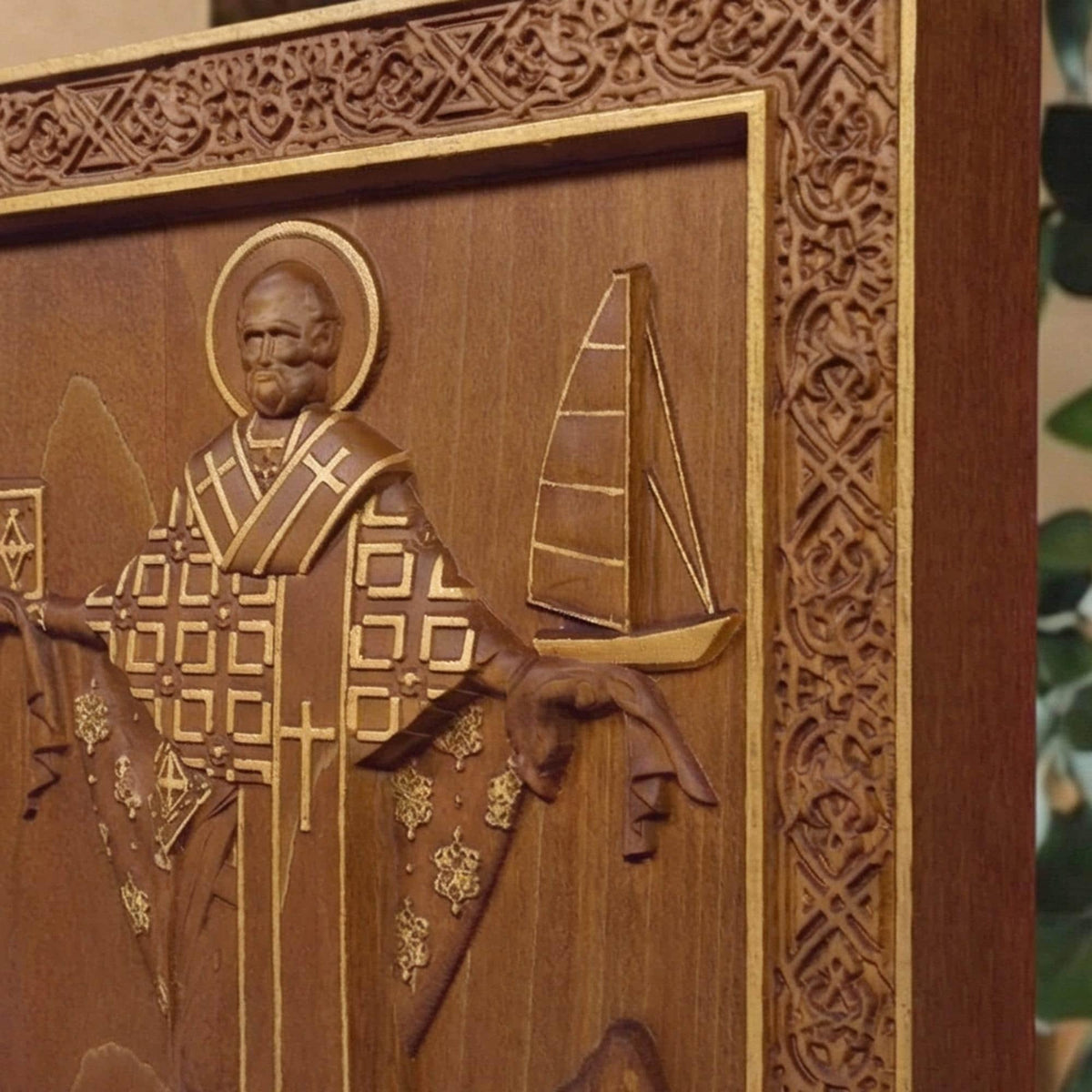 Saint Nicholas Wooden Carved Handmade Christian Icon. Byzantine Greek Orthodox Home Art Decor.