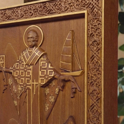 Saint Nicholas Wooden Carved Handmade Christian Icon. Byzantine Greek Orthodox Home Art Decor.