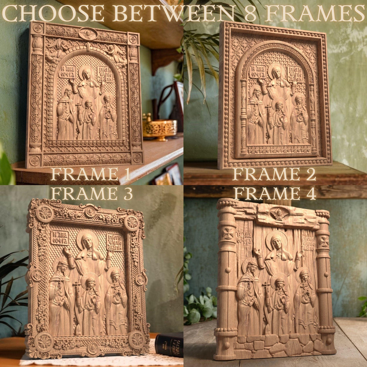 Saints Sophia Faith Hope Love Wooden Carved Handmade Christian Icon. Byzantine Greek Orthodox Decor.