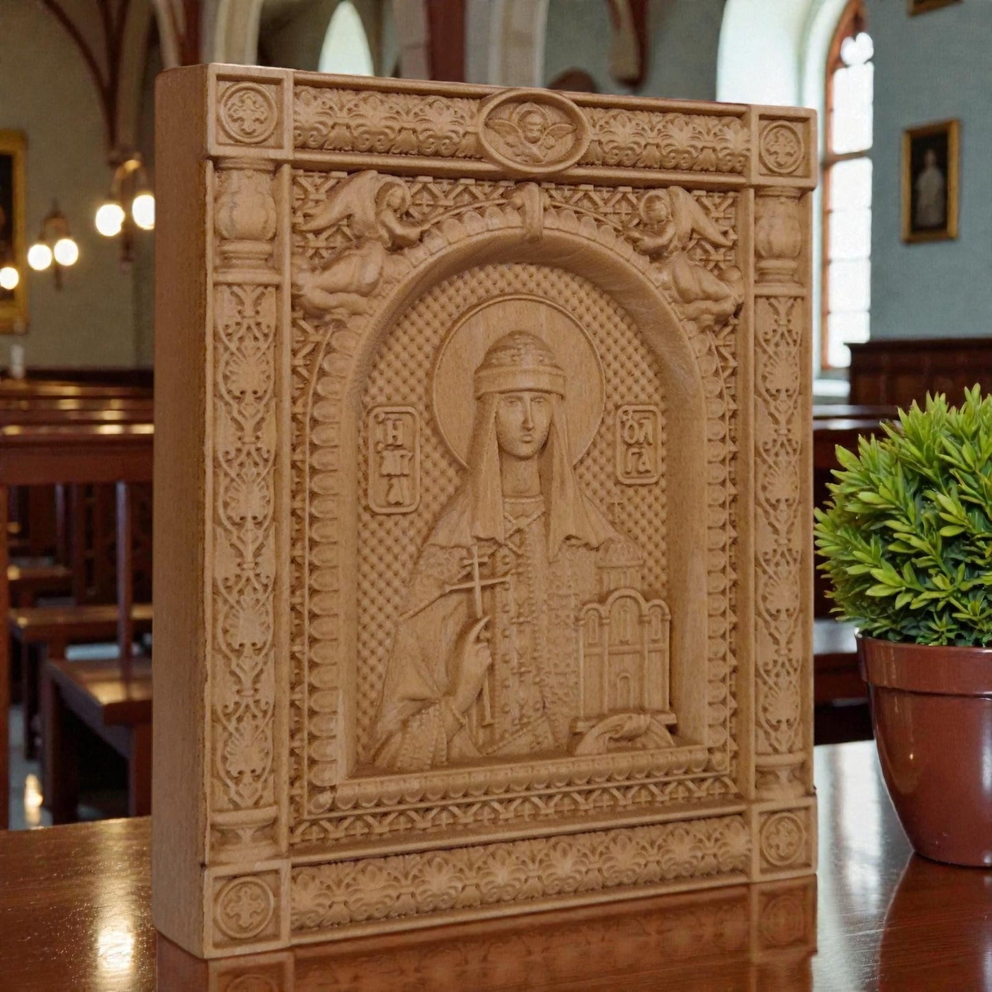 Saint Olga Wooden Carved Handmade Christian Icon. Byzantine Greek Orthodox Home Art Decor.