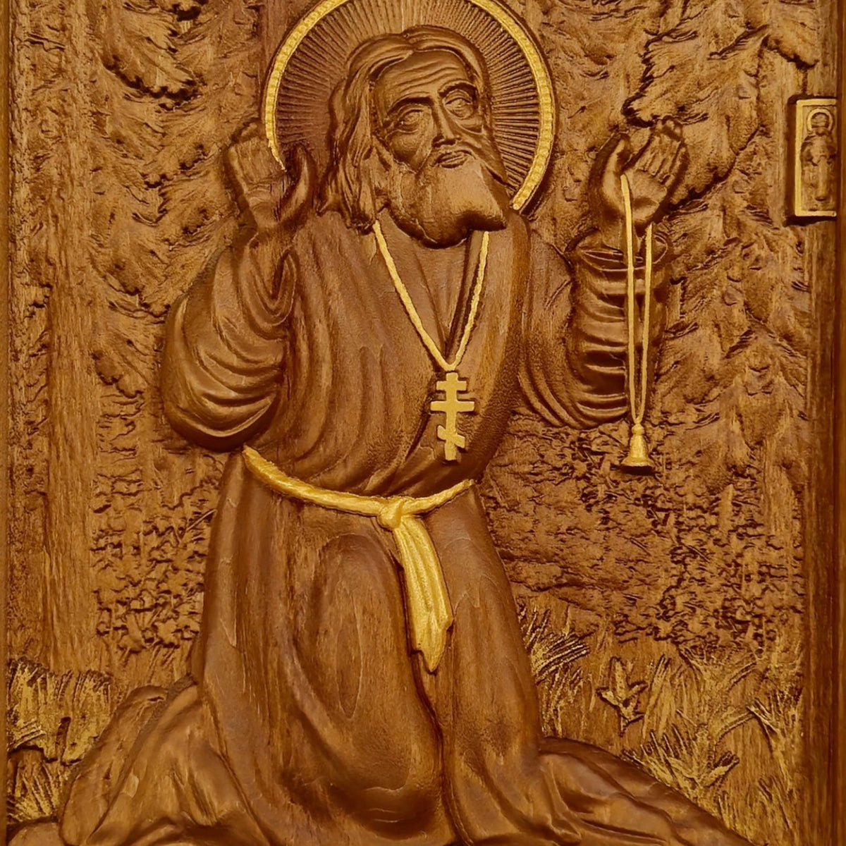 Saint Seraphim of Sarov Wooden Carved Handmade Christian Icon. Byzantine Greek Orthodox Home Decor.