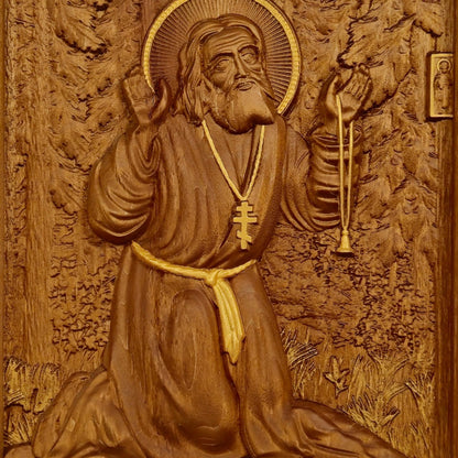 Saint Seraphim of Sarov Wooden Carved Handmade Christian Icon. Byzantine Greek Orthodox Home Decor.