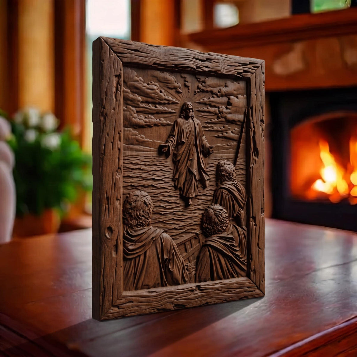 Jesus Christ Walks on the Sea Wooden Carved Handmade Christian Icon  Byzantine Greek Orthodox Home Art Decor Cretan Holy Carvings
