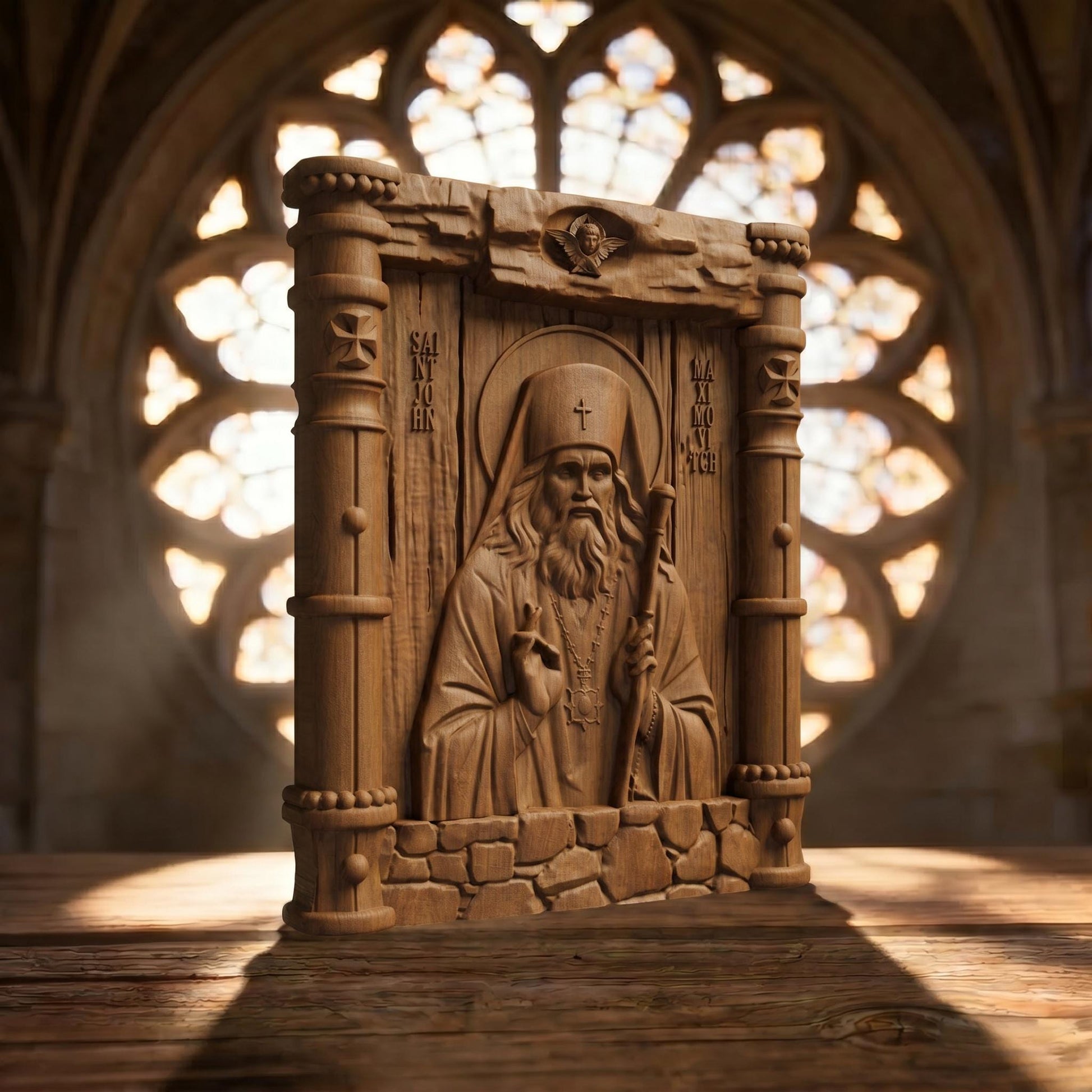 Saint John Maximovitch Wooden Carved Handmade Christian Icon Patron Saint of Orphans left Side Brown Oak Cretan Holy Carvings