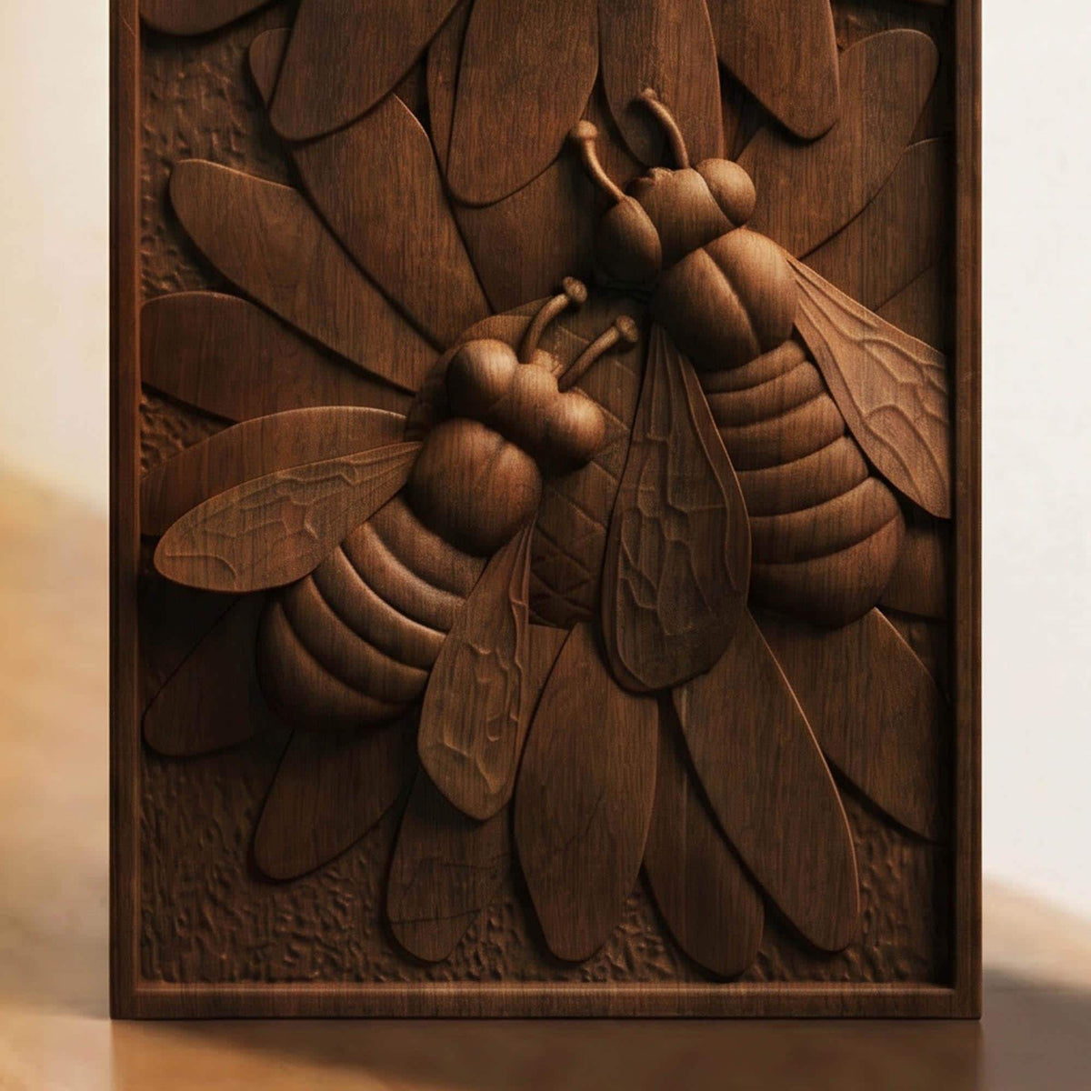 Bees Panel Framed Bas Relief | Wooden Bees Carving | Sculptural Gift Idea