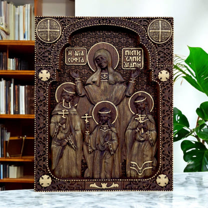 Saints Sophia Faith Hope Love Wooden Carved Handmade Christian Icon. Byzantine Greek Orthodox Decor.
