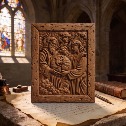 God Creating Earth Wooden Carved Handmade Christian Icon  Byzantine Greek Orthodox Home Decor Cretan Holy Carvings